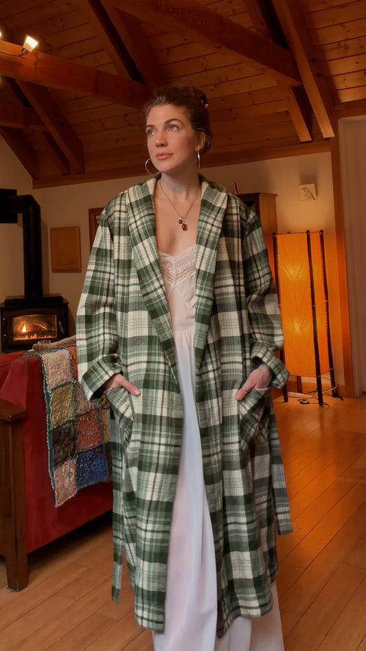70s green plaid wool robe